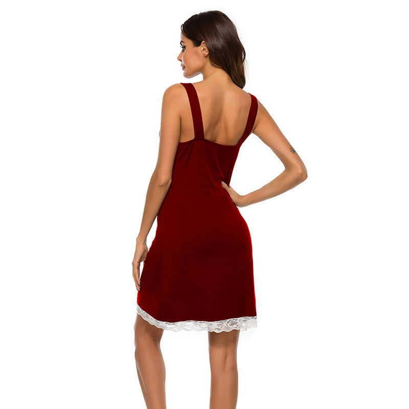 Women Fashion Lace Stitching Sling Nightgown