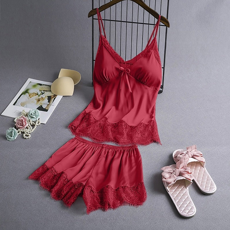 Women Fashion Nsexy Solid Color Lace Camisole Loose Shorts Pajamas Two-Piece Set