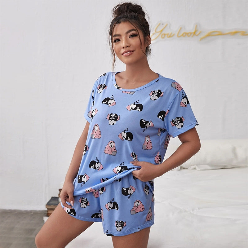 Women Fashion Casual Plus Size Printed T-Shirt Loose Shorts Pajamas Two-Piece Set