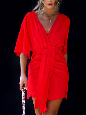 Batwing Sleeves Skinny Pleated Solid Color Split-Joint V-Neck Mini Dresses