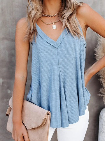 Loose Sleeveless Pleated Solid Color V-Neck Vest Top