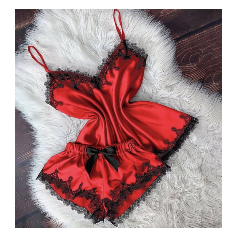 Sweet Women Sexy Loungewear Lace Satin Patchwork Pajamas Set
