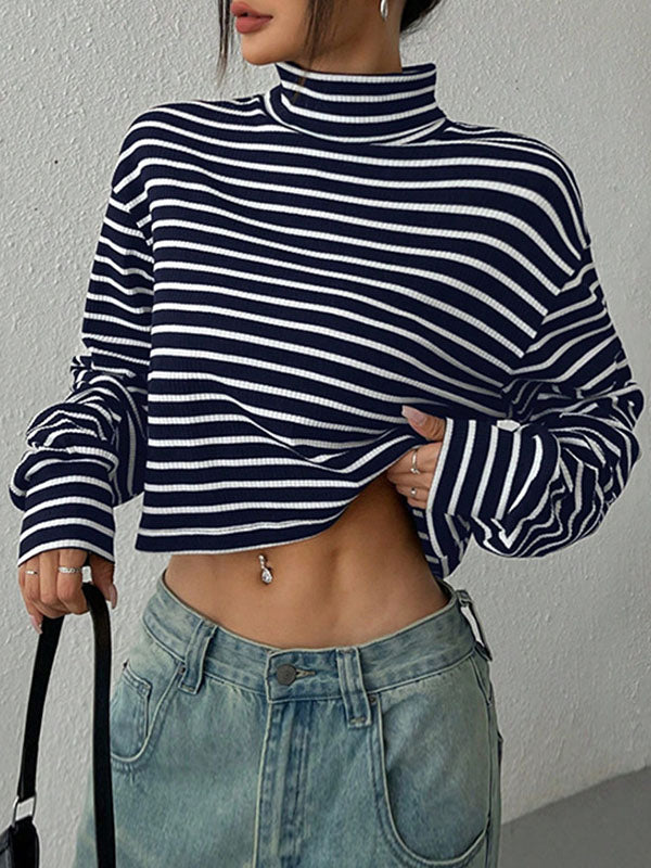 Long Sleeves Loose Contrast Color Split-Joint Striped High Neck T-Shirts Tops