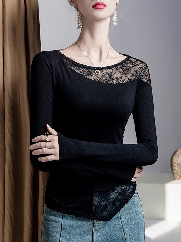 False Two Long Sleeves Asymmetric Embroidered Mesh See-Through Split-Joint Round-Neck T-Shirts