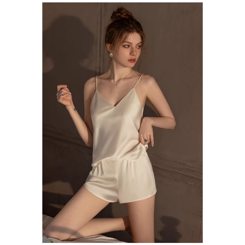 Women Fashion Sexy Solid Color Ice Silk Camisole Loose Shorts Pajamas Two-Piece Set