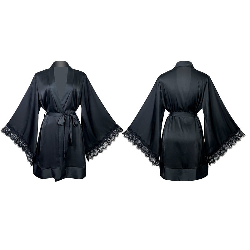 Women Fashion Sexy V-Neck Lace Long Sleeve Satin Home Pajamas