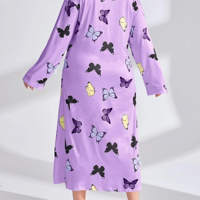 Women Fashion Casual Butterfly Printing Long Sleeve Plus Size Nightgown
