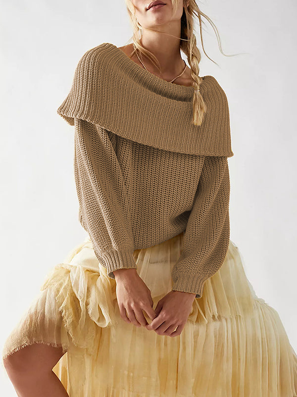 Long Sleeves Loose Solid Color Split-Joint Round-Neck Sweater Tops