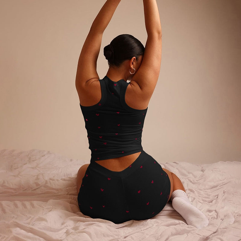 Women Fashion Sexy Love Printed Round Neck Sleeveless Tank Top Tight Shorts Pajamas Two-Piece Set