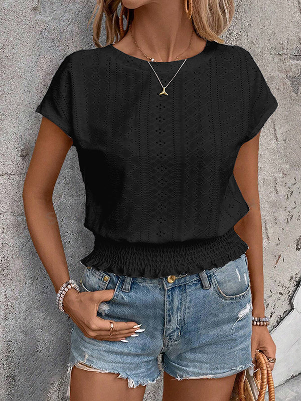Loose Short Sleeves Elasticity Hollow Jacquard Solid Color Round-Neck T-Shirts Tops