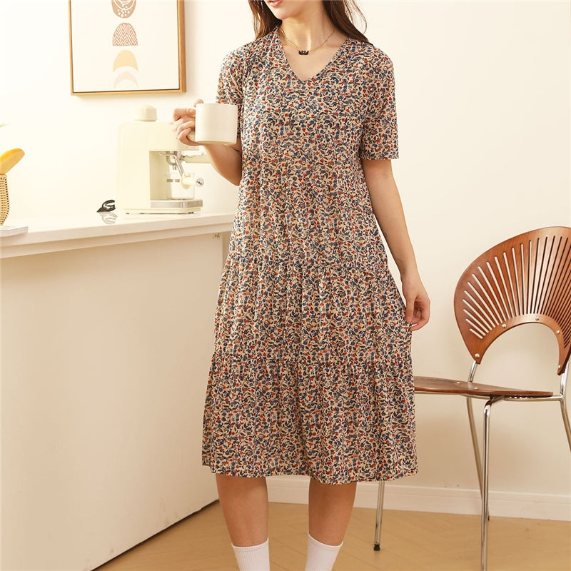 Women Fashion Casual Floral Printed Short Sleeve Loose Dress Pajamas