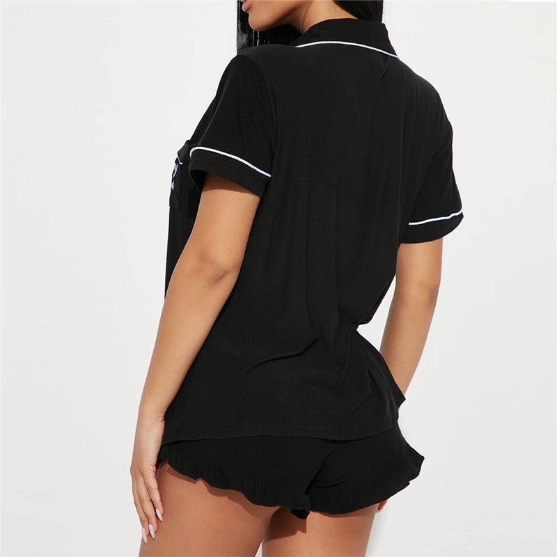 Women Fashion Casual Lapel Short-Sleeve Top Loose Shorts Pajamas Two-Piece Set