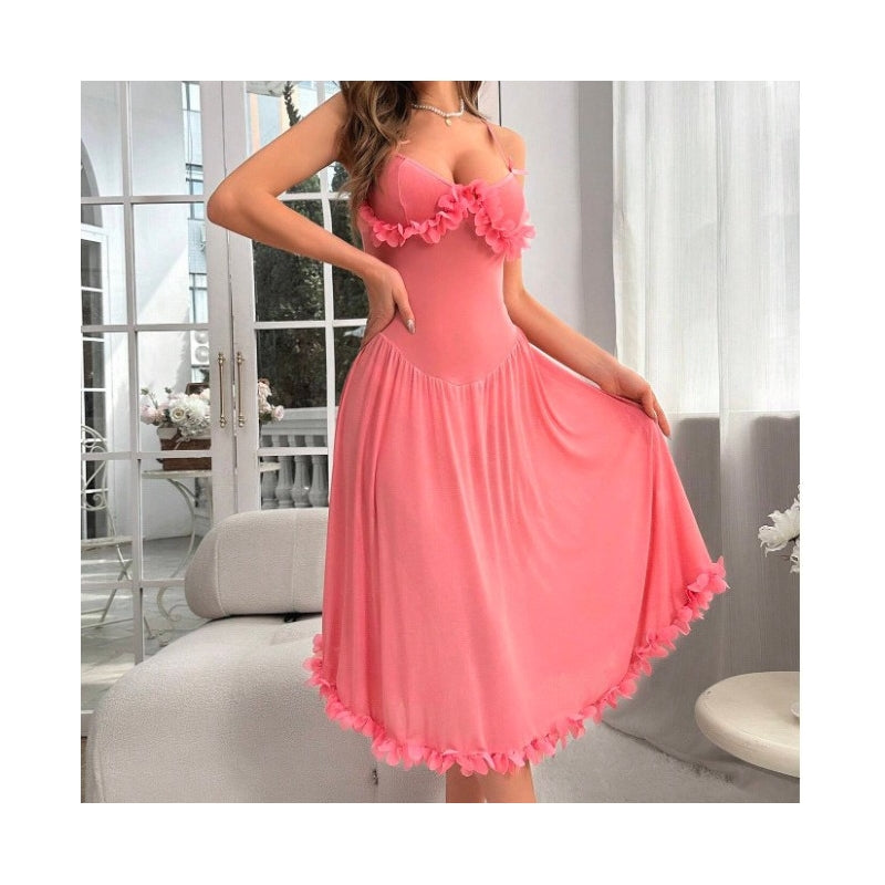 Women Fashion Sexy Solid Color Lace Mesh Semi-Transparent Pajamas Set