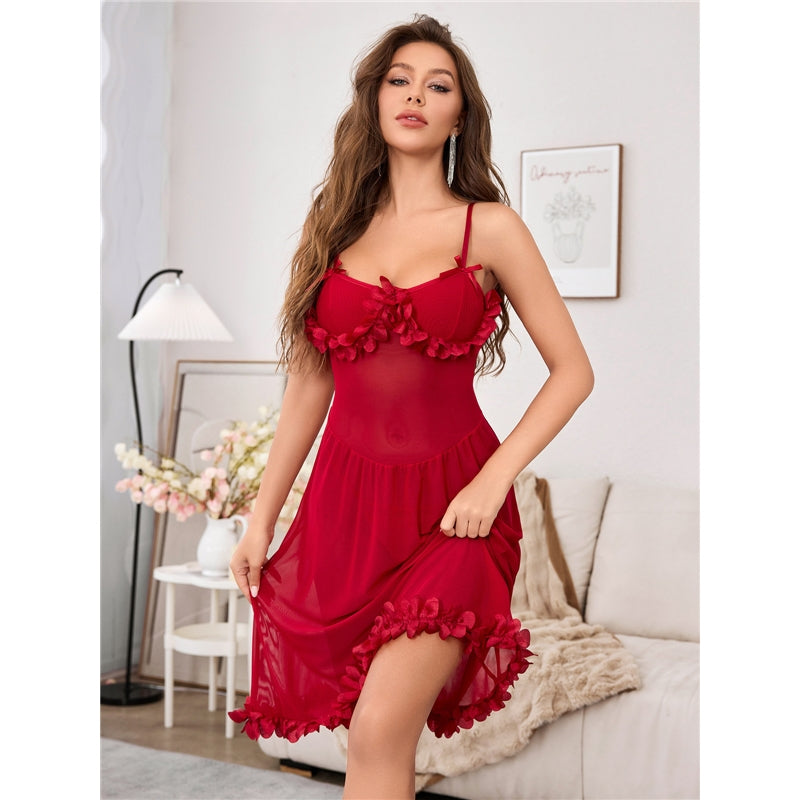 Women Fashion Sexy Solid Color Lace Mesh Semi-Transparent Pajamas Set