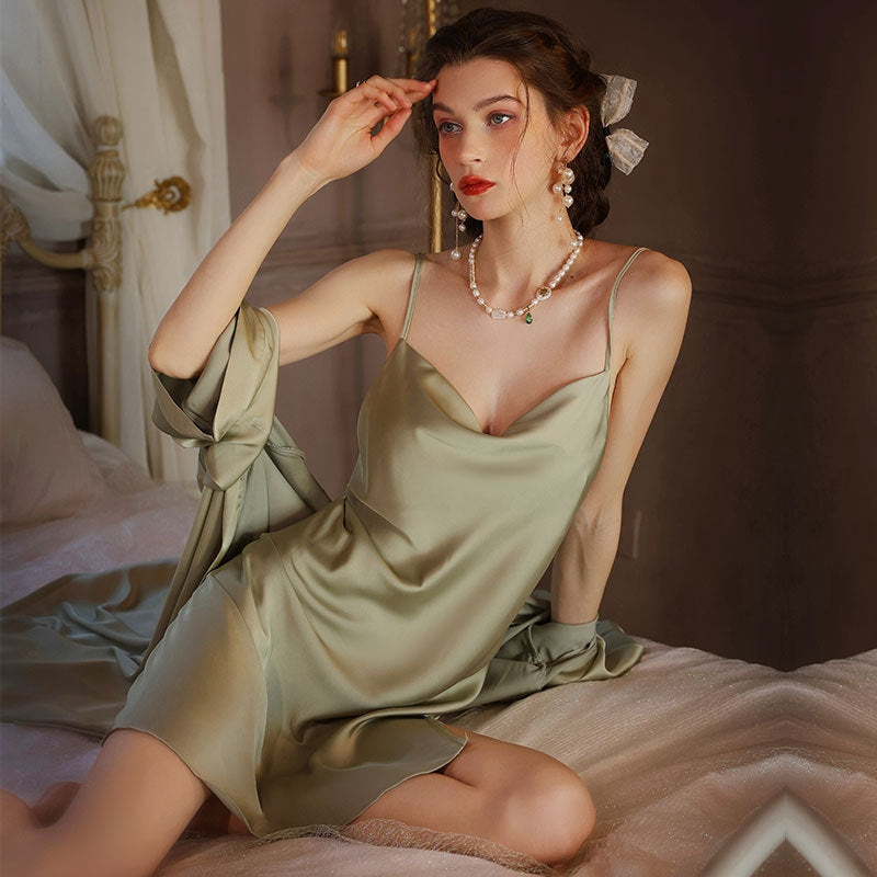 Women Sexy Solid Color Nightdress And Robe Two-Piece Set