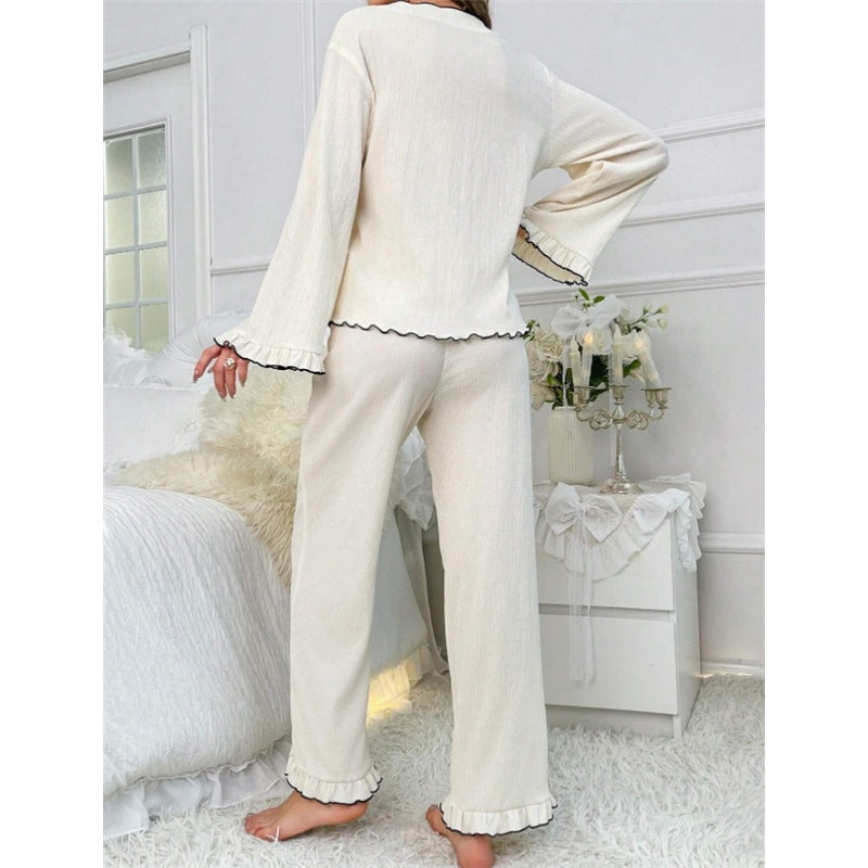 Women Fashion Casual Contrast Color V-Neck Long-Sleeve Lace-Up Top Loose Pants Pajamas Two-Piece Set