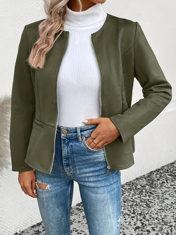 Long Sleeves Loose Pockets Solid Color Split-Joint Zipper Round-Neck Jackets Outerwear