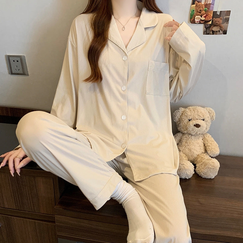 Women Fashion Casual Autumn Printed Lapel Long-Sleeve Blouse Loose Pants Pajamas Two-Piece Set