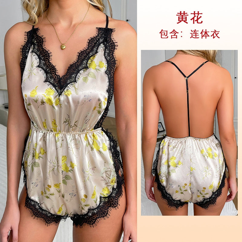 Women Fashion Sexy Deep V Lace Backless Sleepwear