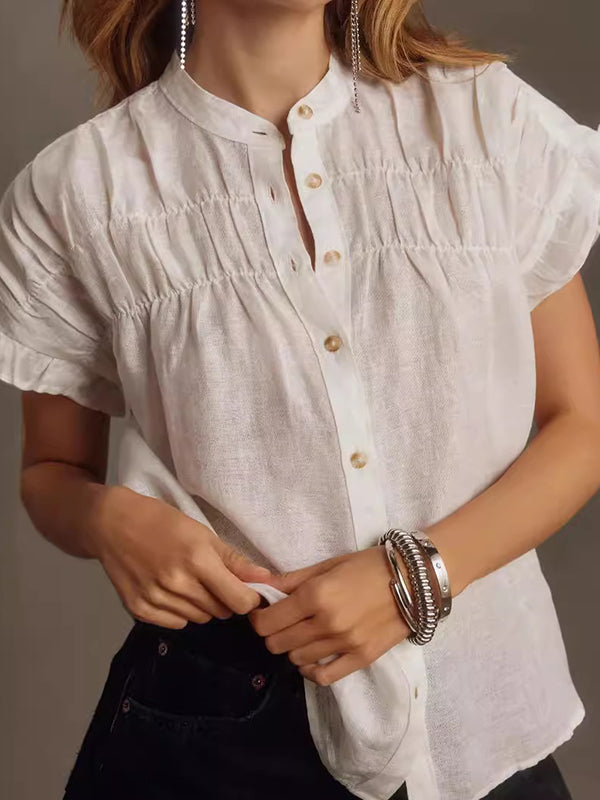 Loose Short Sleeves Pleated Ruffled See-Through Split-Joint Round-Neck Blouses&Shirts Tops