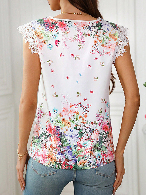 Loose Sleeveless Flower Print V-Neck Blouses&Shirts Tops