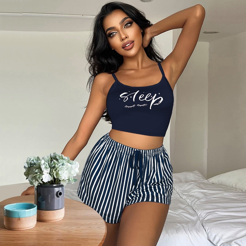 Women Fashion Sexy Letter Printed Camisole Loose Stripe Drawstring Shorts Pajamas Two-Piece Set
