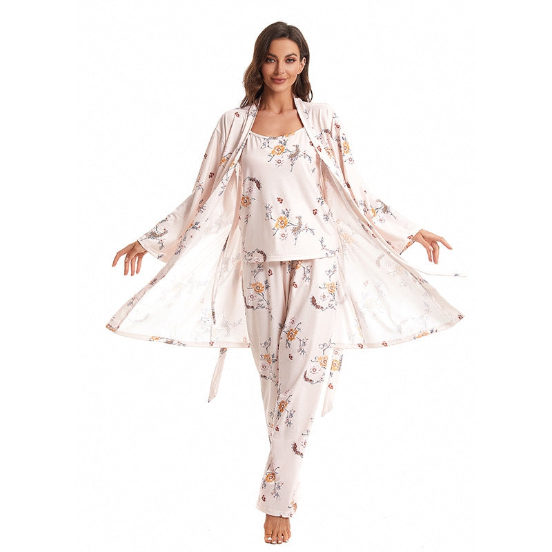 Women Fashion Casual Printed Camisole Loose Pants Long-Sleeve Coat Pajamas Three-Piece Set