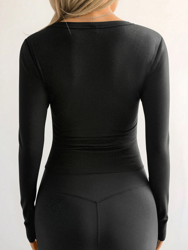 Long Sleeves Skinny Solid Color V-Neck T-Shirts Tops