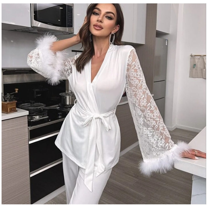 Women Fashion Elegant Stitching Lace V-Neck Long-Sleeve Lace-Up Top Loose Pants Pajamas Set