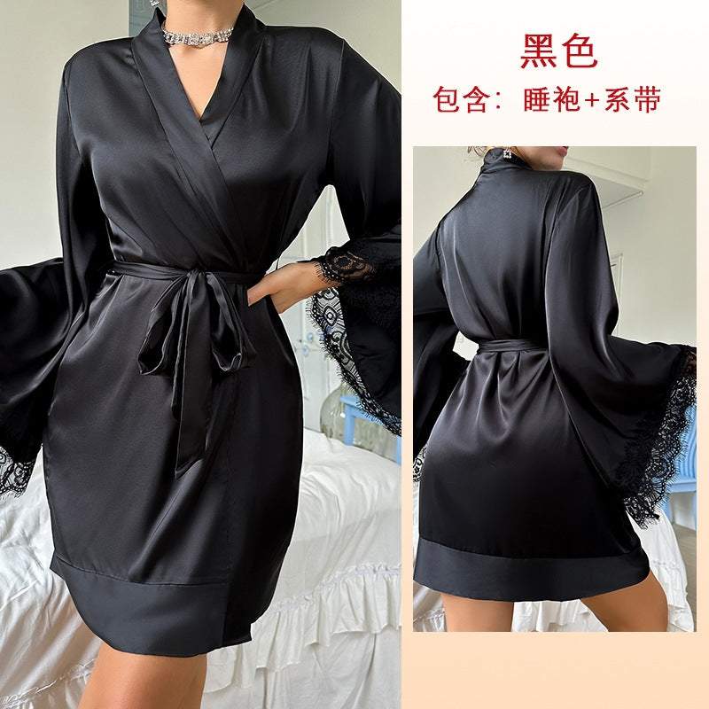 Women Fashion Sexy V-Neck Lace Long Sleeve Satin Home Pajamas