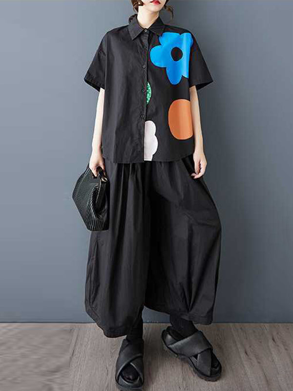 Loose Short Sleeves Buttoned Flower Print Lapel Blouses&Shirts Tops