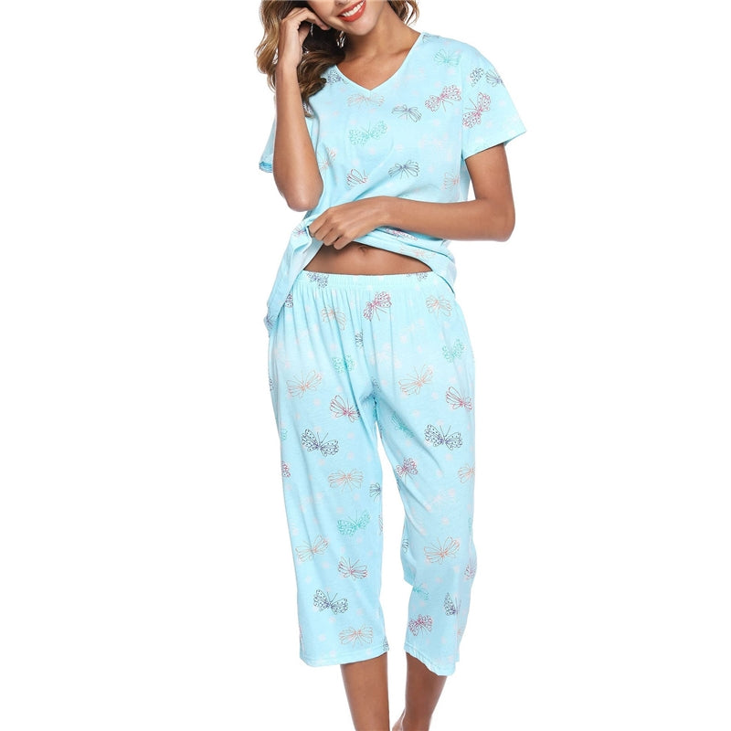 Women Fashion Casual Printed V-Neck Short-Sleeve T-Shirt Loose Pants Pajamas Set