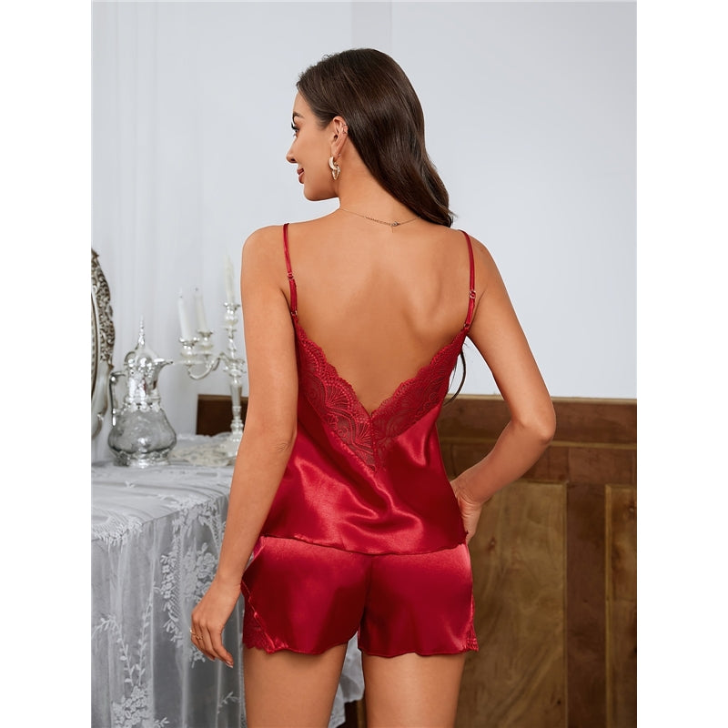 Women Sexy Solid Color Lace Splicing Silk Camisole Loose Shorts Pajamas Two-Piece Set