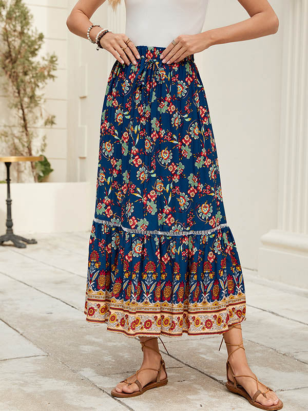 Loose Elasticity Flower Print Pleated Split-Joint Skirts Bottoms