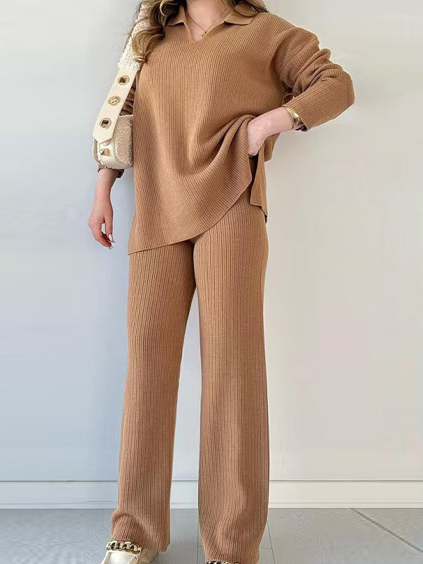 Loose Long Sleeves Solid Color Split-Side Lapel Sweater Top + Pants Two Pieces Set