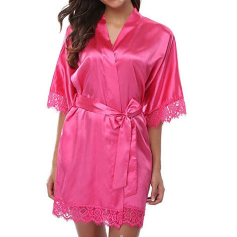 Women Fashion Sexy Solid Color Ice Silk Lace Splicing Lace-Up Pajamas