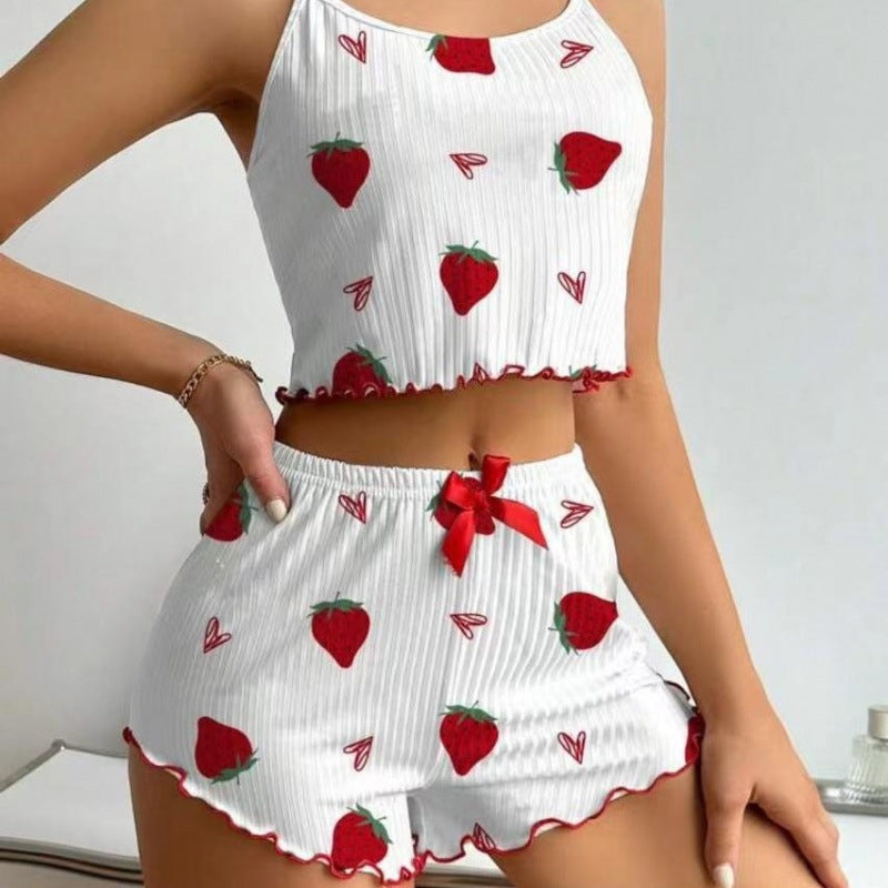 Women Fashion Cute Printed Camisole Loose Shorts Pajamas Two-Piece Set