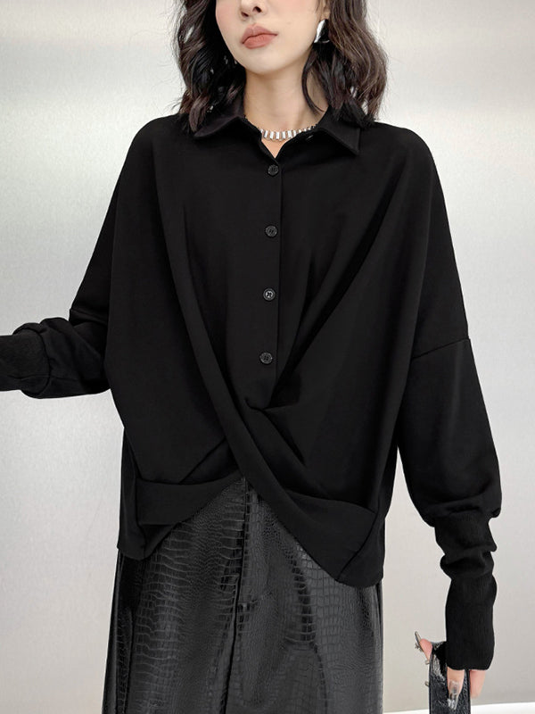 Hipster Irregularity Buttoned Solid Color Twist Lapel Collar Blouses&Shirts Tops