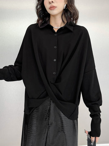 Hipster Irregularity Buttoned Solid Color Twist Lapel Collar Blouses&Shirts Tops