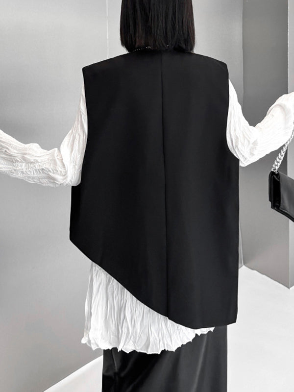 Sleeveless Asymmetric Buttoned Embroidered V-Neck Vest Top