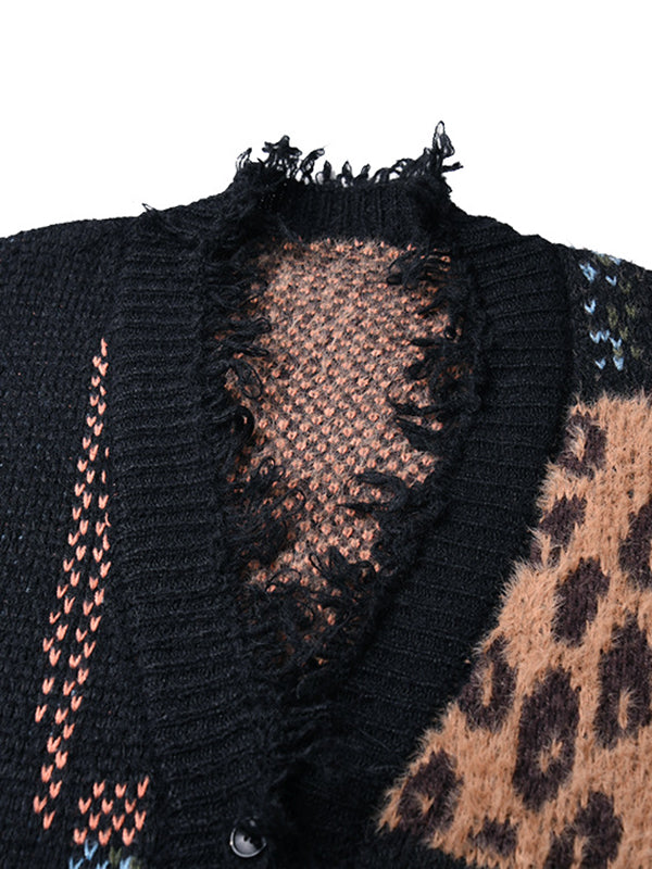 Hipster Long Sleeves Asymmetric Buttoned Contrast Color Leopard Pockets Split-Joint V-Neck Cardigan Tops