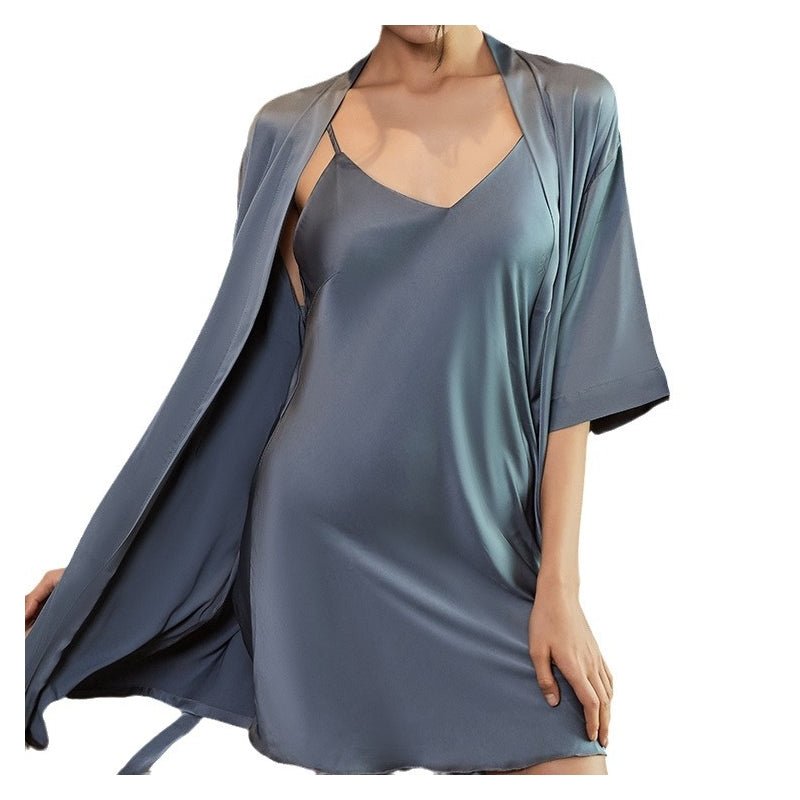 Women Sexy Solid Color Nightdress And Robe Pajamas Two-Piece Set
