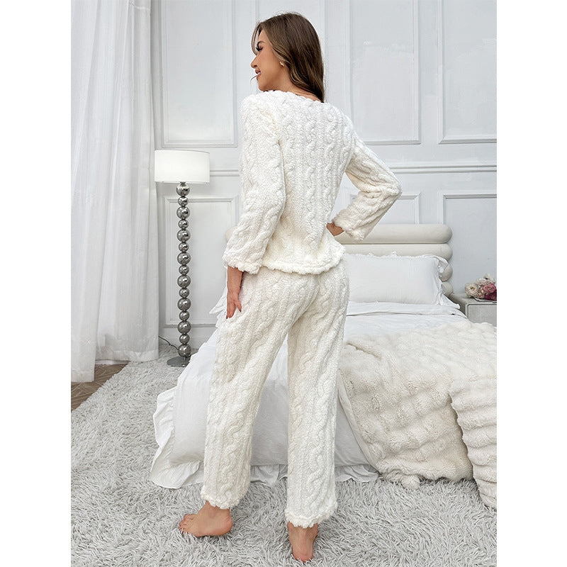 Winter Women Flannel Solid Color Pajamas Set