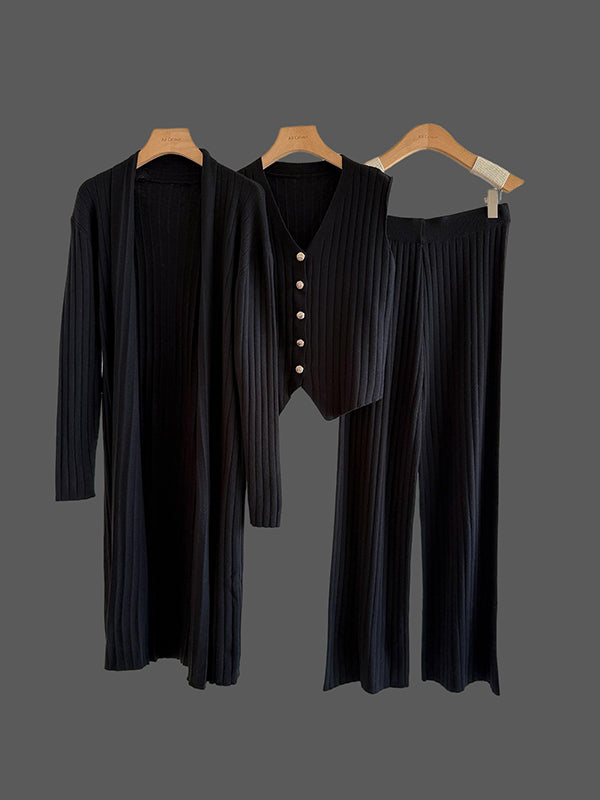 Knitting Sleeveless V-Neck Vest Top +  Long Sleeves Cardigan + High Waisted Pants Three Pieces Set