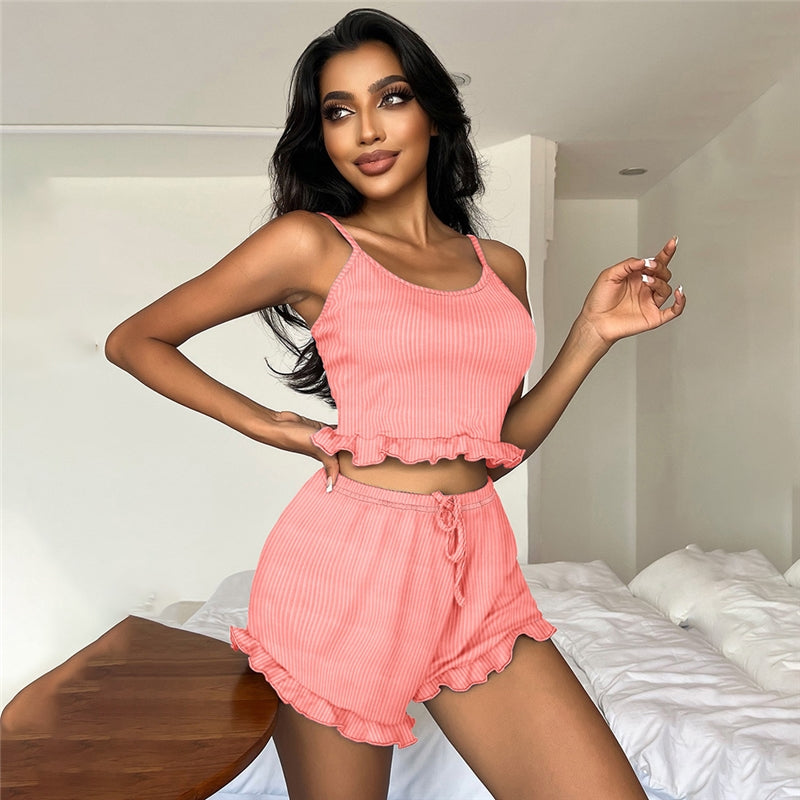 Women Sexy Solid Color Strip Ruffled Backless Camisole Drawstring Shorts Pajamas Two-Piece Set