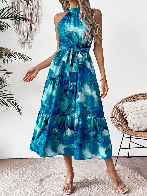 Loose Sleeveless Hollow Pleated Printed Split-Joint Tied Waist Round-Neck Midi Dresses