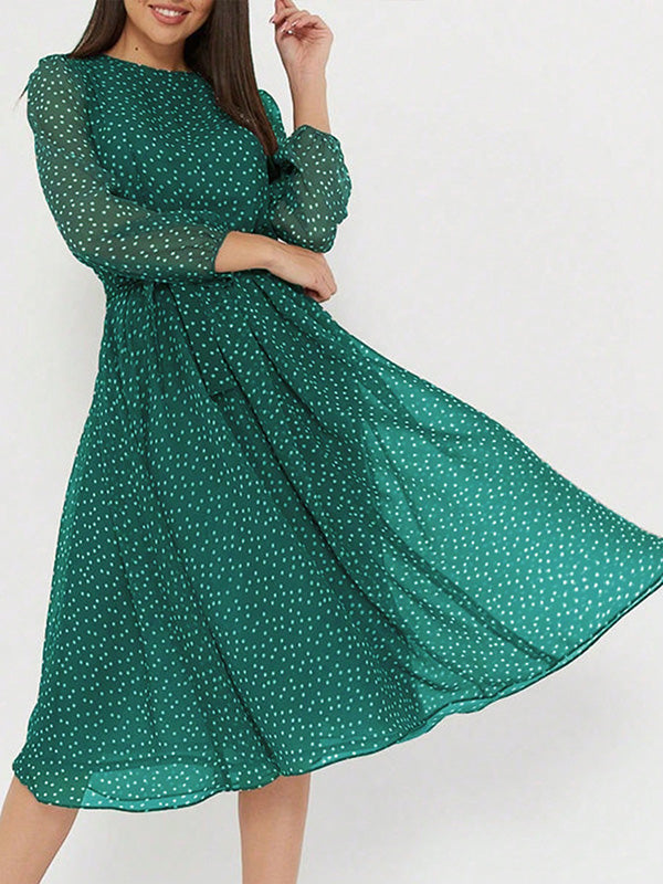 A-Line High Waisted Polka-Dot Tied Waist Round-Neck Midi Dresses