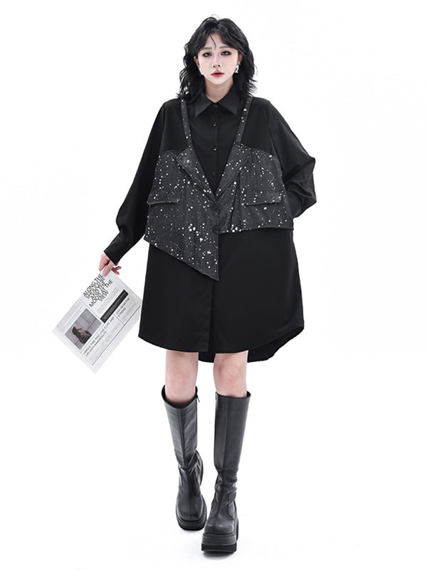 False Two Hipster Asymmetric Split-Joint Textured Lapel Collar Mini Dresses