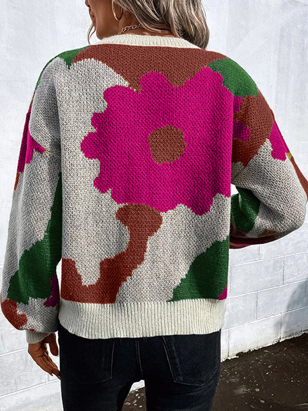 Loose Puff Sleeves Asymmetric Knitted Flower Split-Joint Round-Neck Sweater Tops