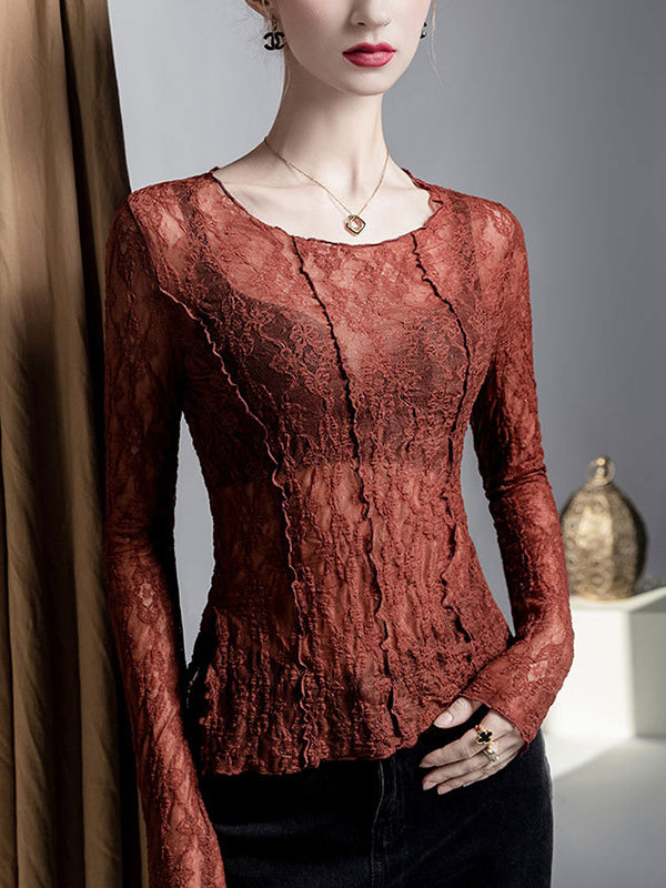 Irregularity Long Sleeves See-Through Split-Joint Textured Round-Neck T-Shirts Tops